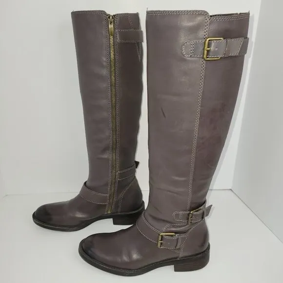Enzo Angiolini Easayin Tall Riding Boots Dark Taupe Gray W/Buckle Detail Size 6M