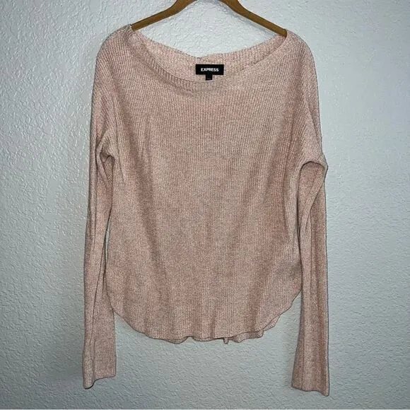 Express Womens Boat Neck Long Sleeve Ribbed Knitted Pullover Sweater Tan Large
