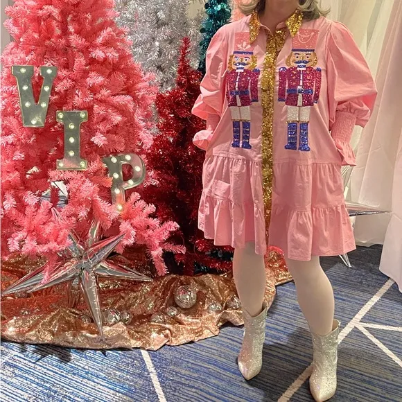 Fantastic Fawn Pink Sequin Nutcracker Mini Dresses With Pockets Size M