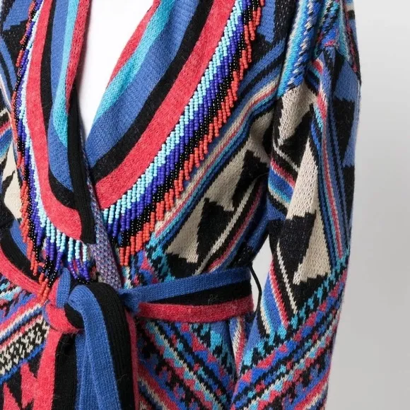 Farm Rio Julie Stripes Southwestern-Inspired Cardigan Jacket Sz M Beaded Fringe