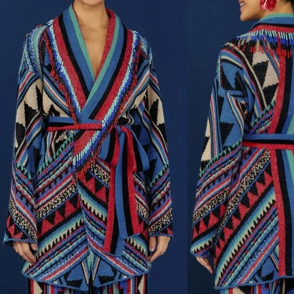 Farm Rio Julie Stripes Southwestern-Inspired Cardigan Jacket Sz M Beaded Fringe