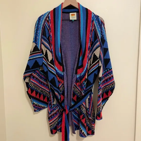 Farm Rio Julie Stripes Southwestern-Inspired Cardigan Jacket Sz M Beaded Fringe