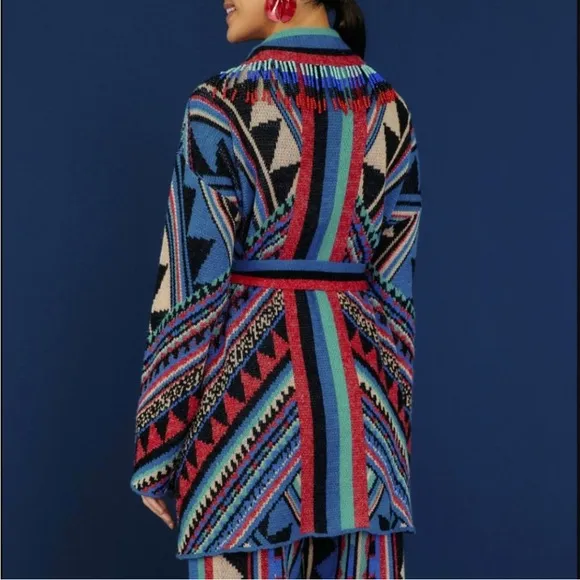 Farm Rio Julie Stripes Southwestern-Inspired Cardigan Jacket Sz M Beaded Fringe