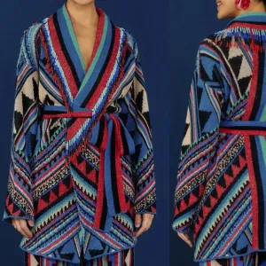 Farm Rio Julie Stripes Southwestern-Inspired Cardigan Jacket Sz M Beaded Fringe