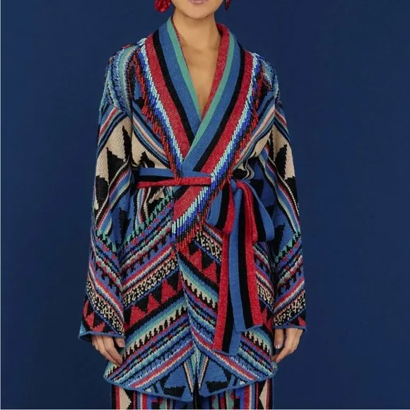 Farm Rio Julie Stripes Southwestern-Inspired Cardigan Jacket Sz M Beaded Fringe