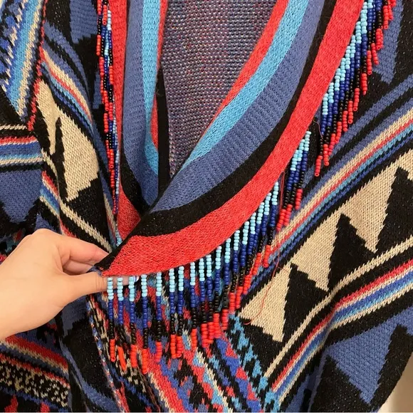 Farm Rio Julie Stripes Southwestern-Inspired Cardigan Jacket Sz M Beaded Fringe