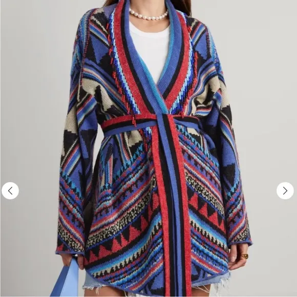 Farm Rio Julie Stripes Southwestern-Inspired Cardigan Jacket Sz M Beaded Fringe