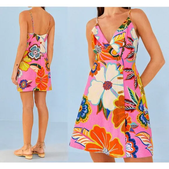 Farm Rio | NWT Pink Full Garden Mini Dress | Sz M Floral Sundress Strappy
