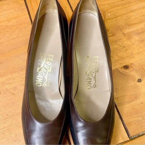Ferragamo Women's Shoes two tone black brown pump sz 9.5 AAA