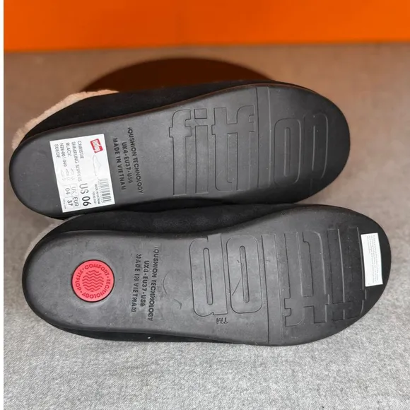 FitFlop Chrissie Black Leather Suede Shearling Slippers Size 6 EU 37