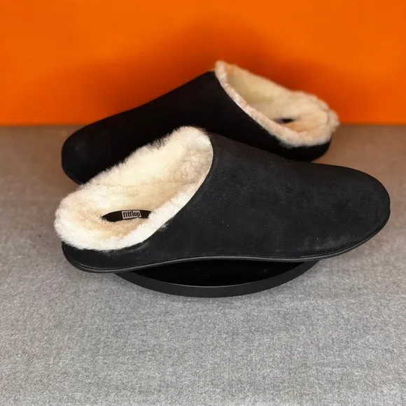 FitFlop Chrissie Black Leather Suede Shearling Slippers Size 6 EU 37