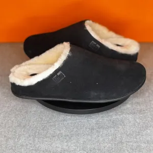 FitFlop Chrissie Black Leather Suede Shearling Slippers Size 6 EU 37