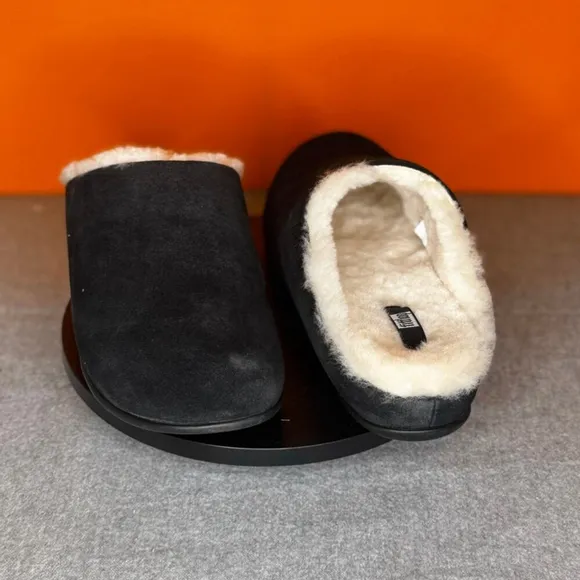 FitFlop Chrissie Black Leather Suede Shearling Slippers Size 6 EU 37