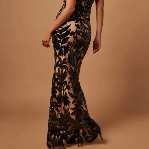 Fitted sequin formal dress.Black/tan wedding guest mother of the bride gown