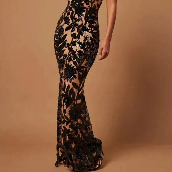 Fitted sequin formal dress.Black/tan wedding guest mother of the bride gown