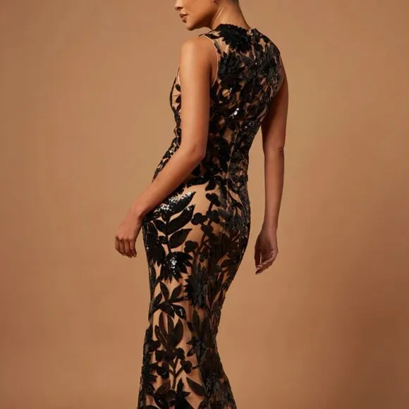 Fitted sequin formal dress.Black/tan wedding guest mother of the bride gown