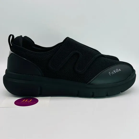 FitVille Men's EasyTop Diabetic Shoes V1 Adjustable Black Mesh Size 9.5 Wide