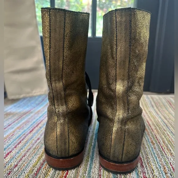 Fluevog LIKE NEW Down to Earth Valentina brushed gold lace-up midcalf boot 8.5/9