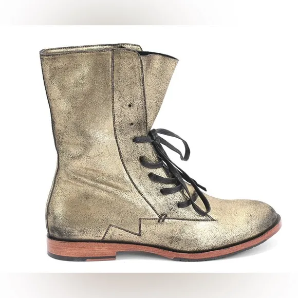 Fluevog LIKE NEW Down to Earth Valentina brushed gold lace-up midcalf boot 8.5/9