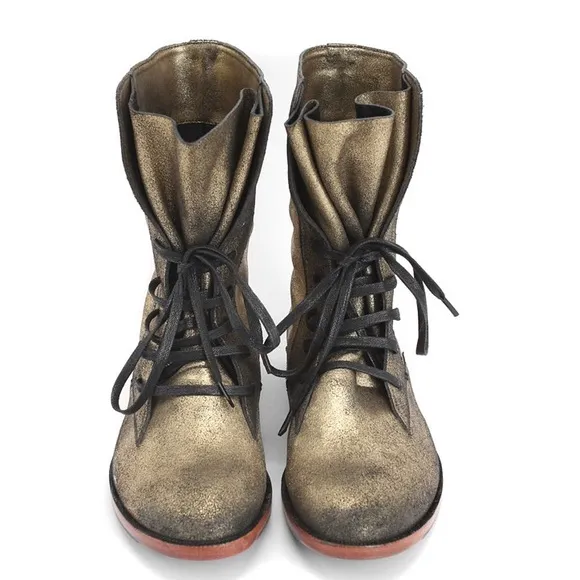 Fluevog LIKE NEW Down to Earth Valentina brushed gold lace-up midcalf boot 8.5/9