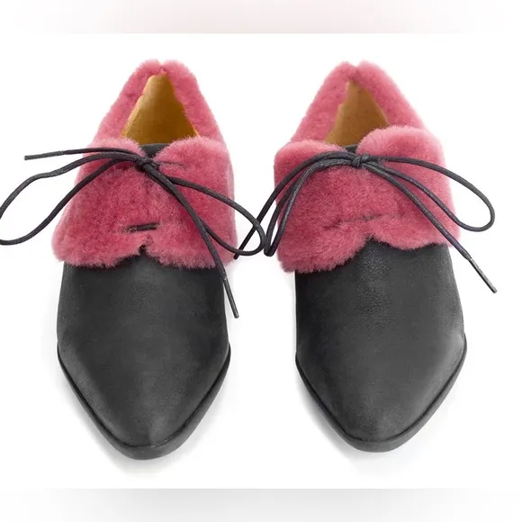 Fluevog LIKE NEW Power Up P-ssy Power pink shearling pointed lace-up flat- 8.5/9