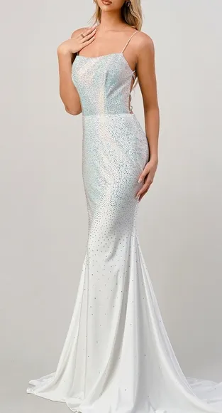 Formal dress, white/multi rhinestone fitted open lace up back dress