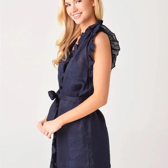 Frame NWT Lauren L Shirtdress Ruffle Minidress Navy NEW