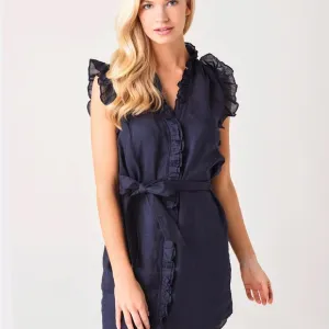 Frame NWT Lauren L Shirtdress Ruffle Minidress Navy NEW