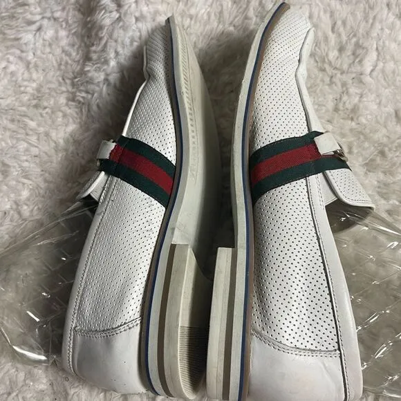 Fratelli White Perforated Leather Gold tone accent Italian Stripe Shoes SZ10M