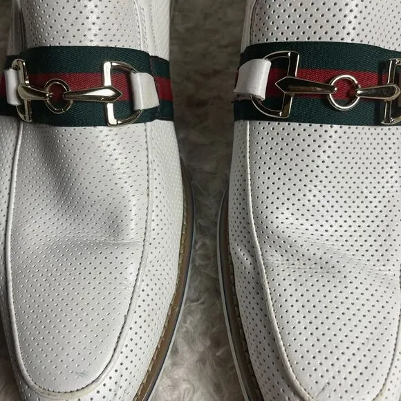 Fratelli White Perforated Leather Gold tone accent Italian Stripe Shoes SZ10M