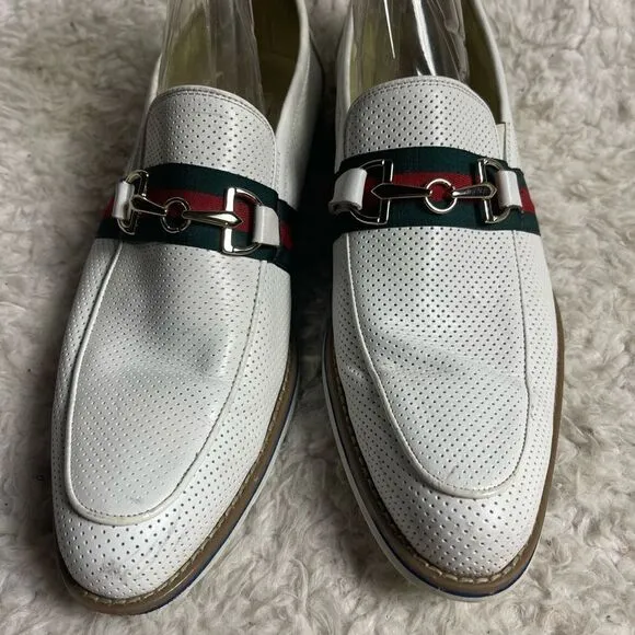 Fratelli White Perforated Leather Gold tone accent Italian Stripe Shoes SZ10M