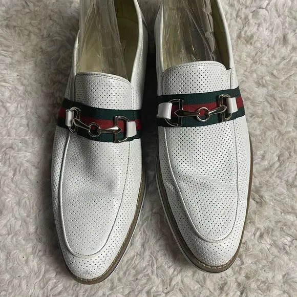 Fratelli White Perforated Leather Gold tone accent Italian Stripe Shoes SZ10M