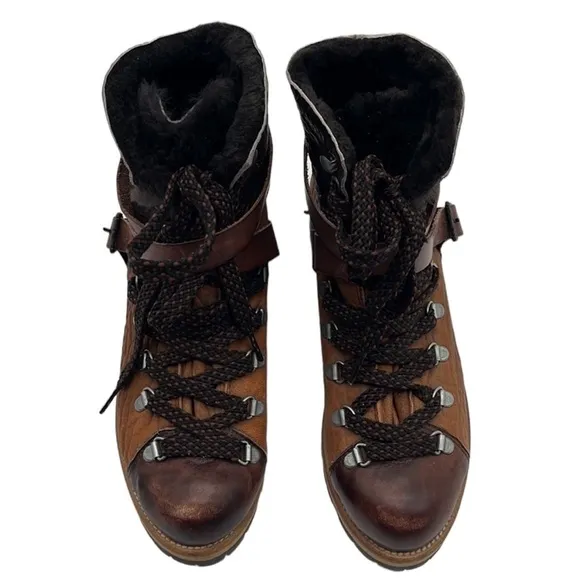 Free People Breakwater Tan Brown Leather Shearling Hiker Boots Women's Sz 38 / 7