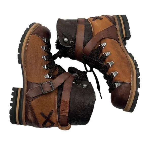 Free People Breakwater Tan Brown Leather Shearling Hiker Boots Women's Sz 38 / 7
