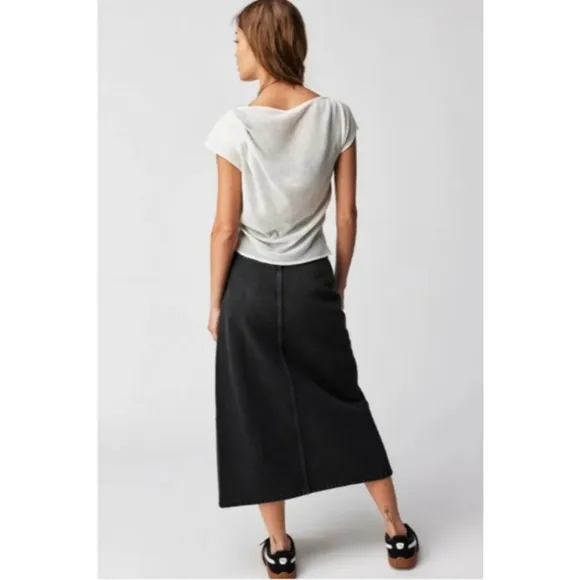 Free People Madison Denim Midi Skirt Washed Black Nwot