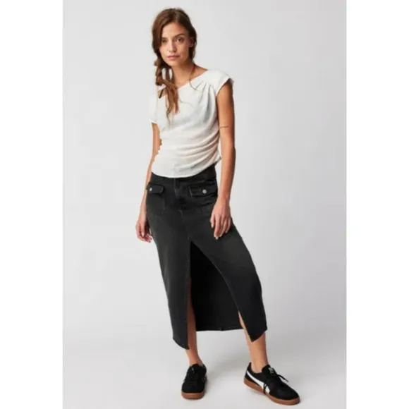 Free People Madison Denim Midi Skirt Washed Black Nwot