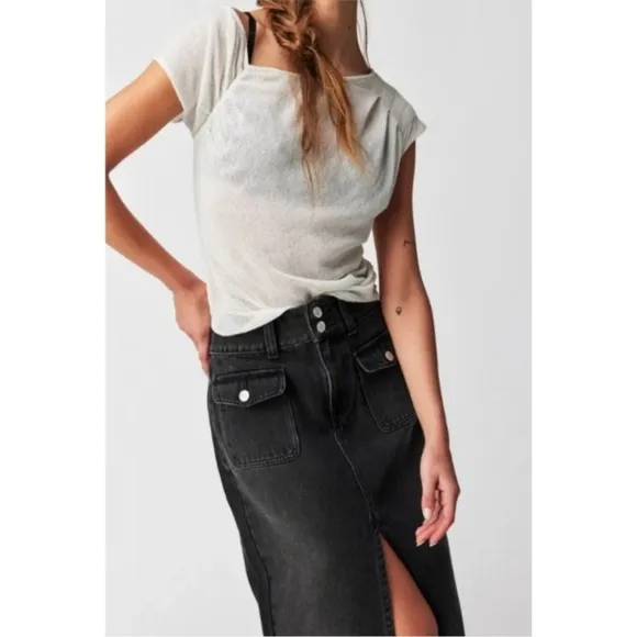 Free People Madison Denim Midi Skirt Washed Black Nwot