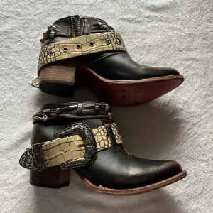 Freebird Black and Tan Ankle Booties with Decorative Straps