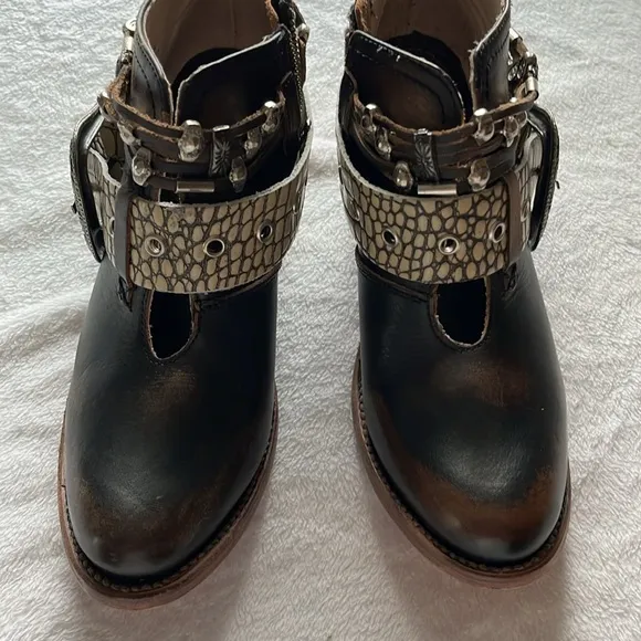 Freebird Black and Tan Ankle Booties with Decorative Straps