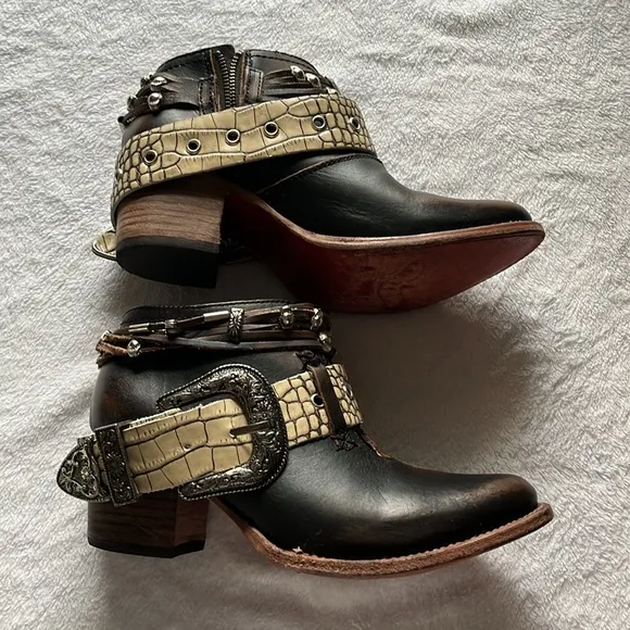 Freebird Black and Tan Ankle Booties with Decorative Straps