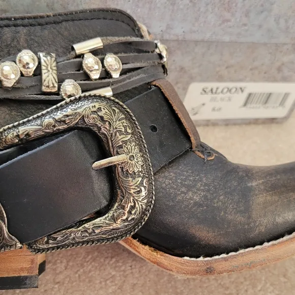 Freebird Black Ankle Boots with Distressed Leather and Studded Straps