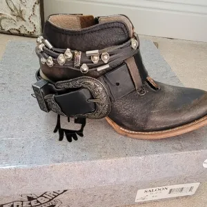 Freebird Black Ankle Boots with Distressed Leather and Studded Straps