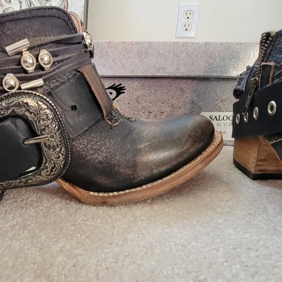 Freebird Black Ankle Boots with Distressed Leather and Studded Straps