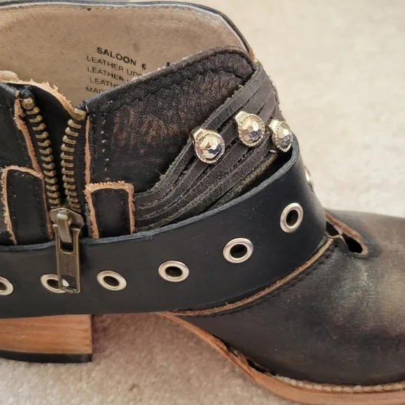 Freebird Black Ankle Boots with Distressed Leather and Studded Straps