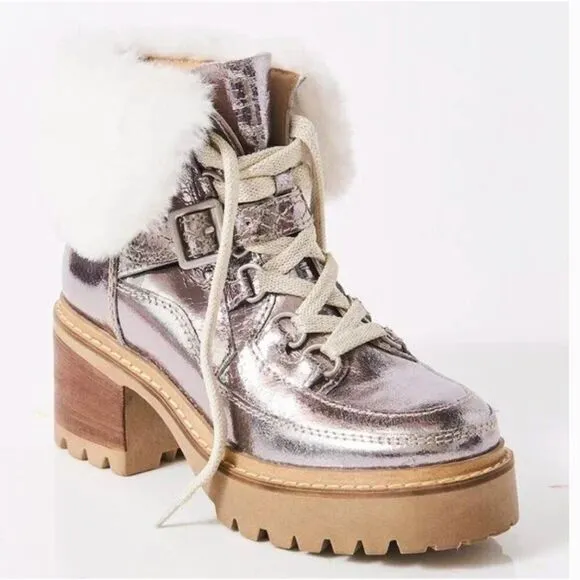 FREE PEOPLE NIB Cozy Jasper Hiker Ankle Boots / Pale Pewter Leather - size 7.5