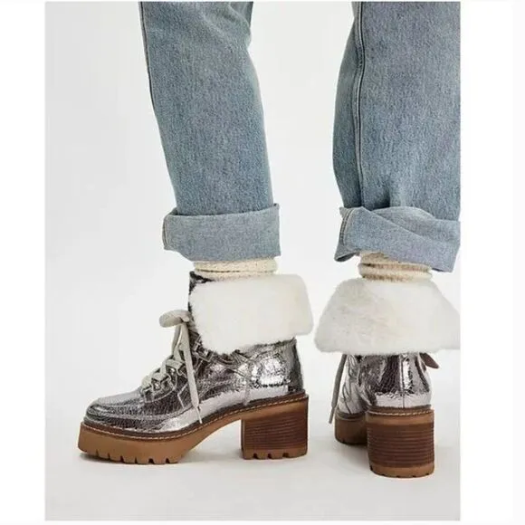 FREE PEOPLE NIB Cozy Jasper Hiker Ankle Boots / Pale Pewter Leather - size 7.5