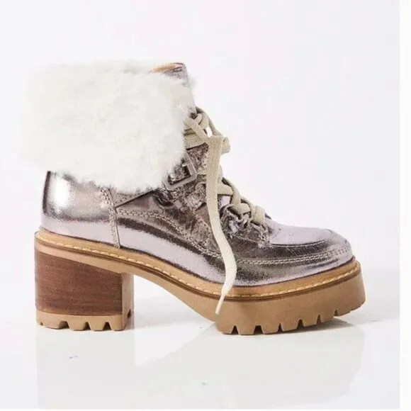 FREE PEOPLE NIB Cozy Jasper Hiker Ankle Boots / Pale Pewter Leather - size 7.5