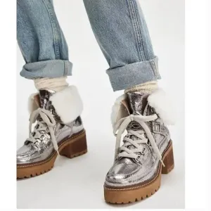 FREE PEOPLE NIB Cozy Jasper Hiker Ankle Boots / Pale Pewter Leather - size 7.5