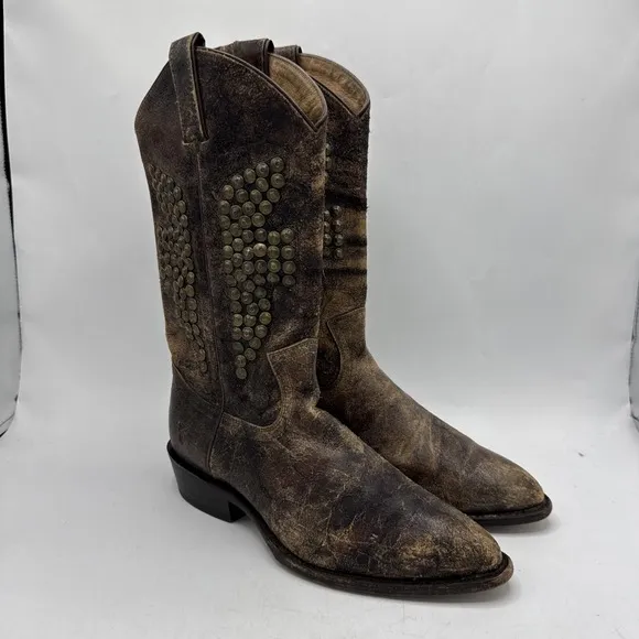 Frye Billy Boots Womens 8.5 Hammered 77587 Distressed Brown Studded Western