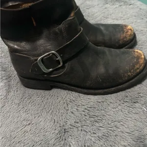 Frye Black Leather Combat Boots with Buckle Detail